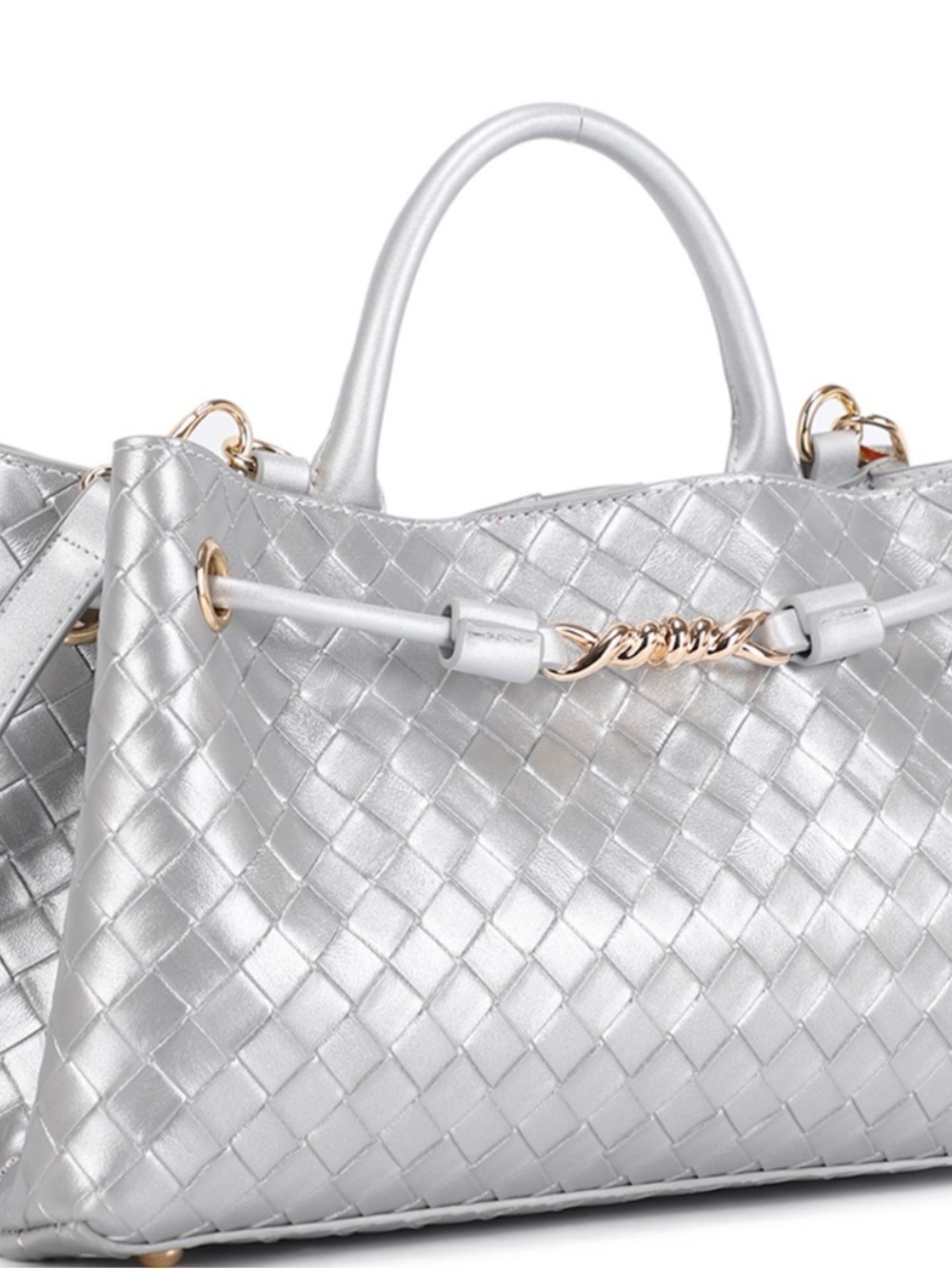 Silver Woven Satchel Handbag - Fashion Brand
